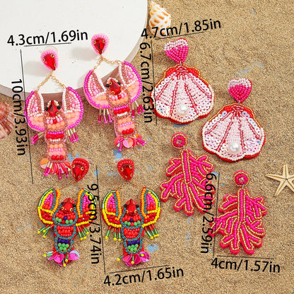 Sea Charm – Handmade Lobster & Coral Dangle Earrings with Beads, Pearls & Sequins