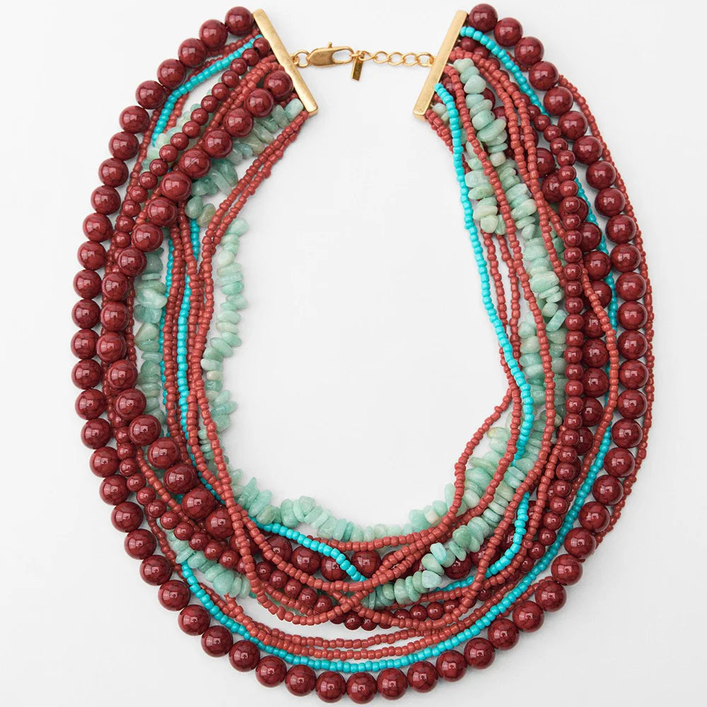 Bohemian Beaded Necklace, Multilayer Handmade Design