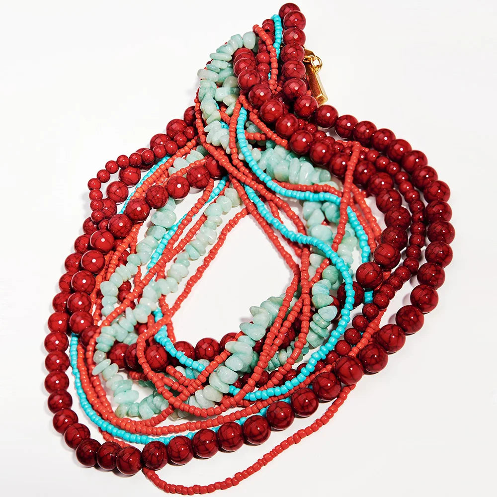 Bohemian Beaded Necklace, Multilayer Handmade Design