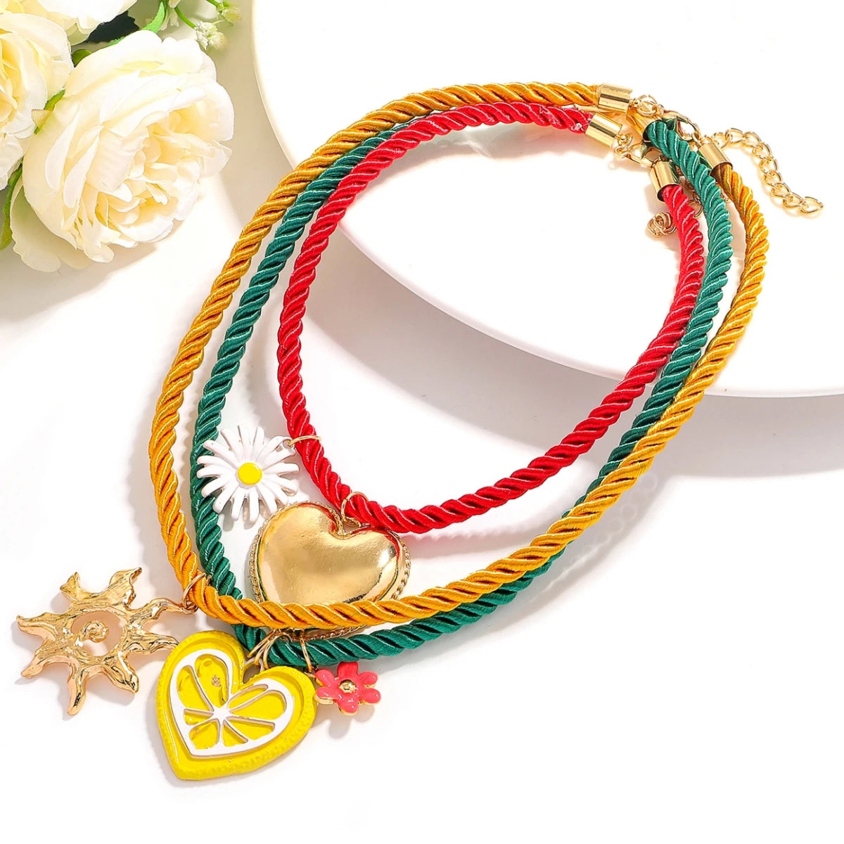 Vibrant Enamel Heart Necklace with Sun Pendant