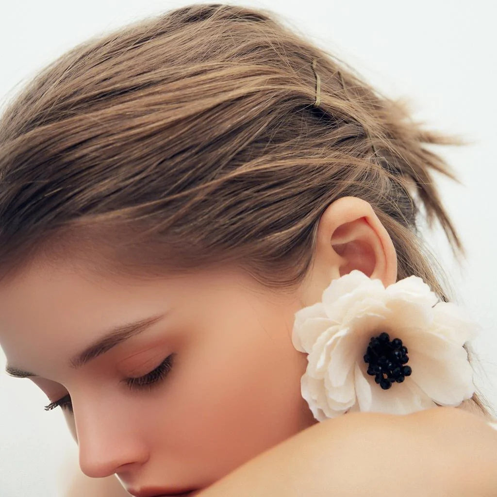 Boho Blossom – White Fabric Floral Stud Earrings