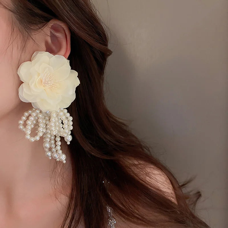 Bohemian Big White & Pink Flower Earrings