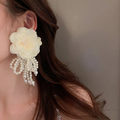 Bohemian Big White & Pink Flower Earrings